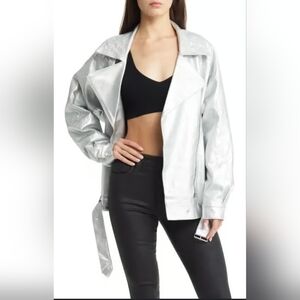 Metallic Faux Leather Moto Jacket Shiny Silver with Relaxed Fit